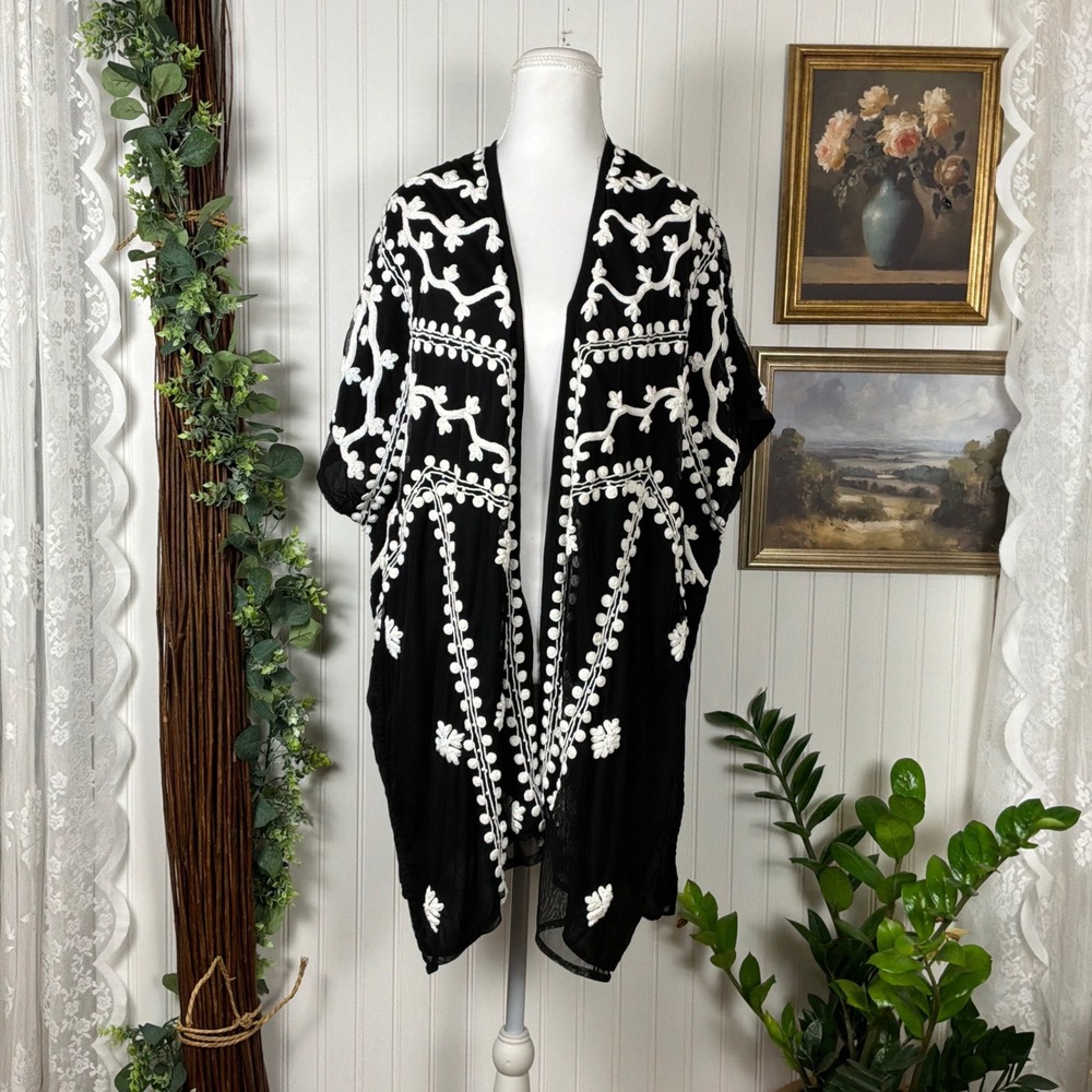 Unbranded Kimono Cardigan Women OS Black Excellent Embroidered Sheer Mesh